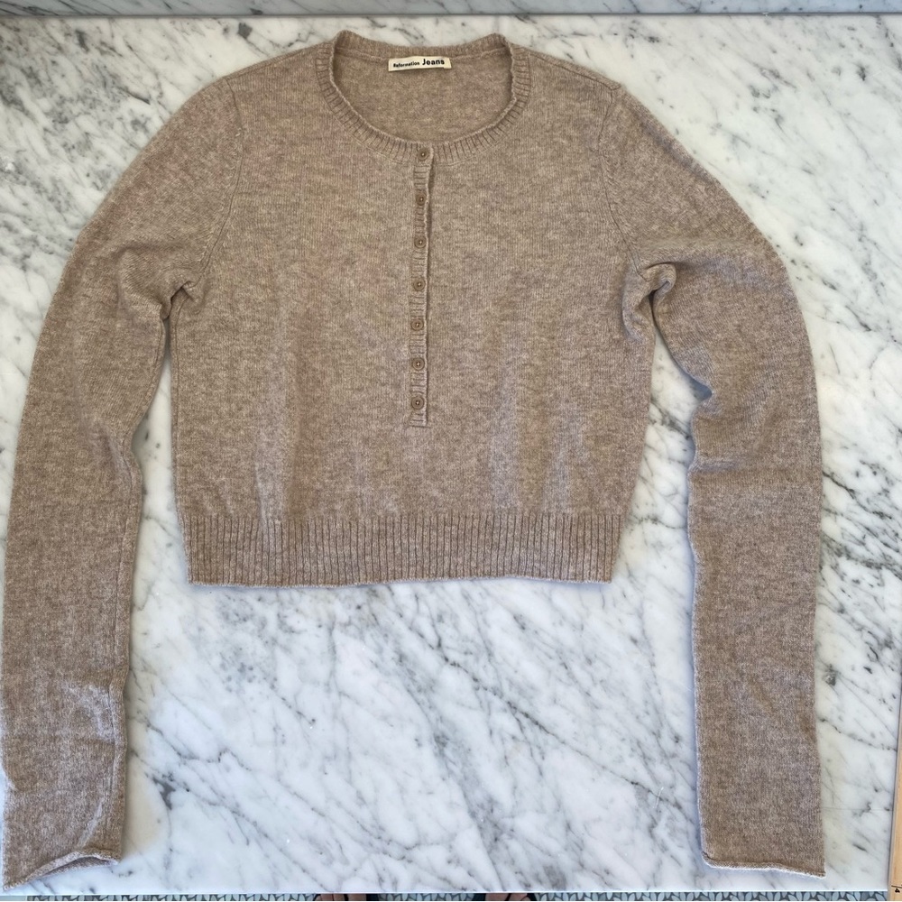 Reformation Cashmere Long Sleeve Button detailed Sweater in Camel, Size M